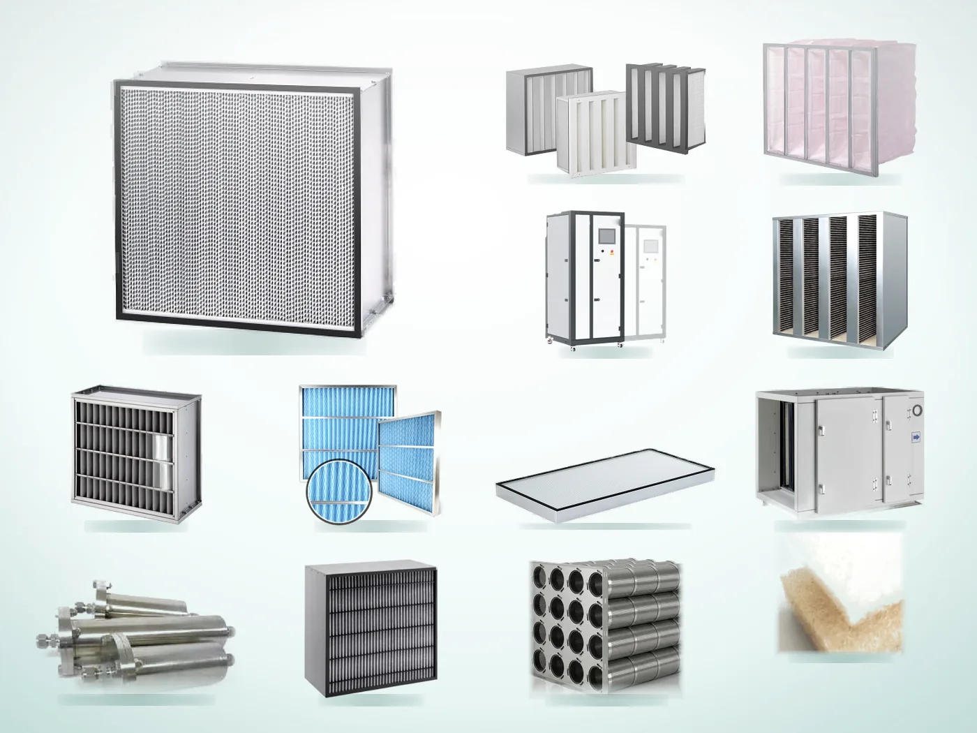 Gama de productos de filtración de aire de Baisheng Tech: filtros HEPA en caja para climatizadores, cajas de filtros V-bank, filtros de bolsa, HEPA mini-plisado para salas limpias, filtros plisados con marco de cartón, filtros GCV resistentes al calor, filtros químicos tipo V / envolventes / cilíndricos / PCDA, medio filtrante GPAD resistente al calor, cajas de filtración química AMC y purificadores de gas de alta presión