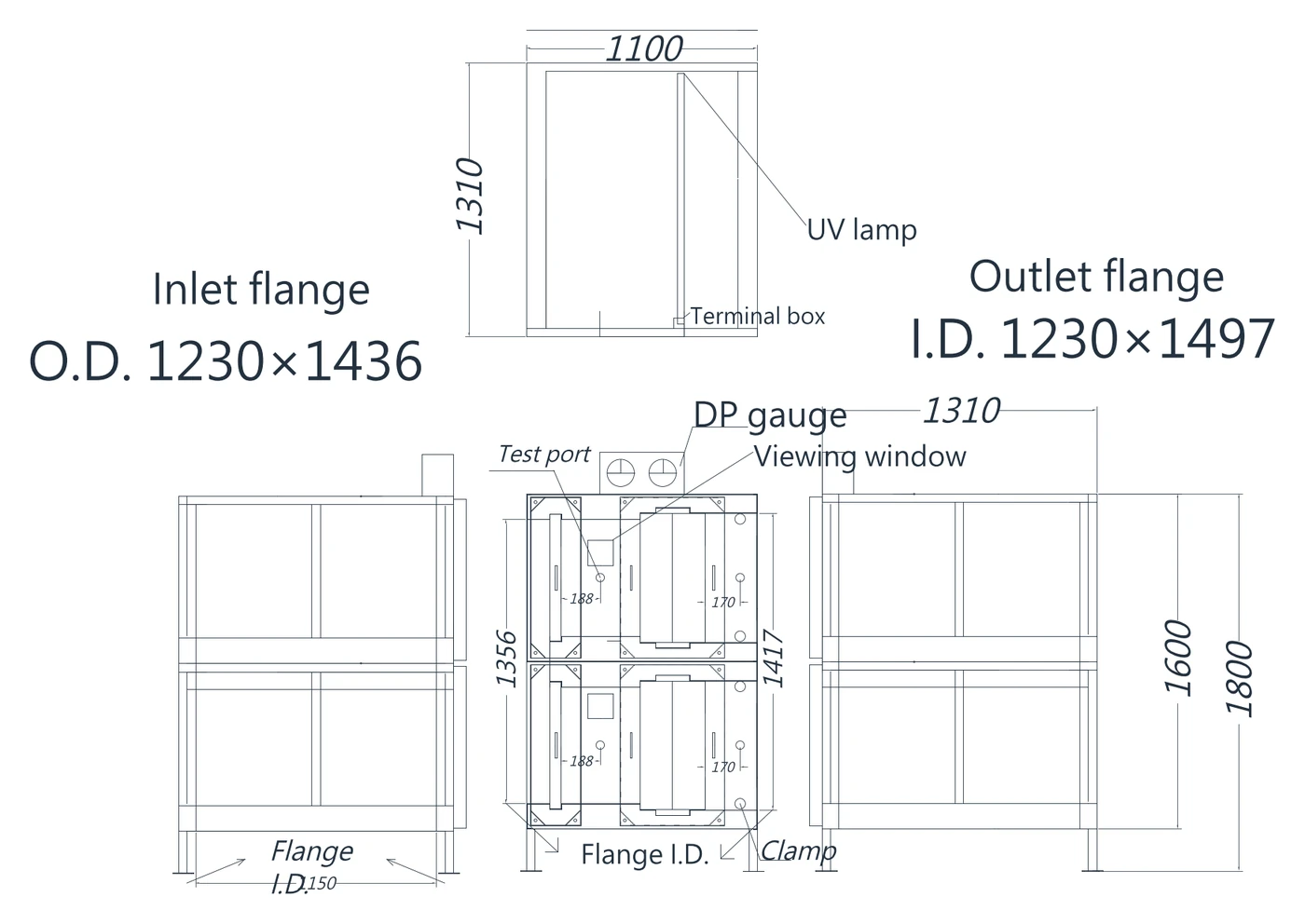 Bản vẽ ba hình chiếu BIBO-136 loại 4 tấm (hai tầng trên dưới): kích thước ngoài 1100×1310×1600 mm