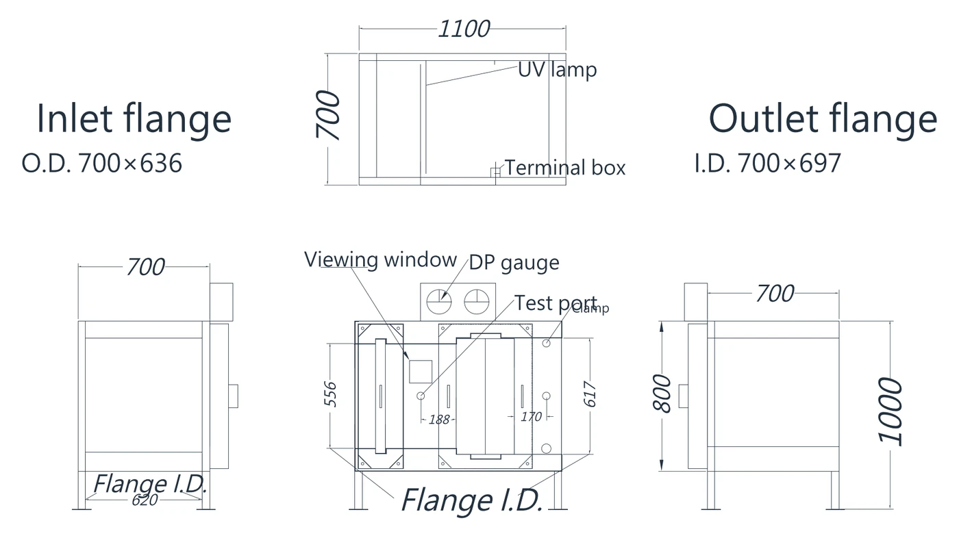 Bản vẽ ba hình chiếu BIBO-34 loại 1 tấm: kích thước ngoài 1100×700×800 mm, kèm kích thước mặt bích cửa gió vào / ra