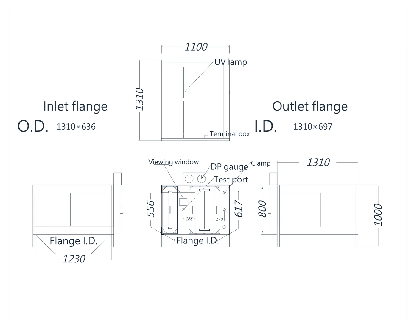 Bản vẽ ba hình chiếu BIBO-68 loại 2 tấm: kích thước ngoài 1100×1310×800 mm