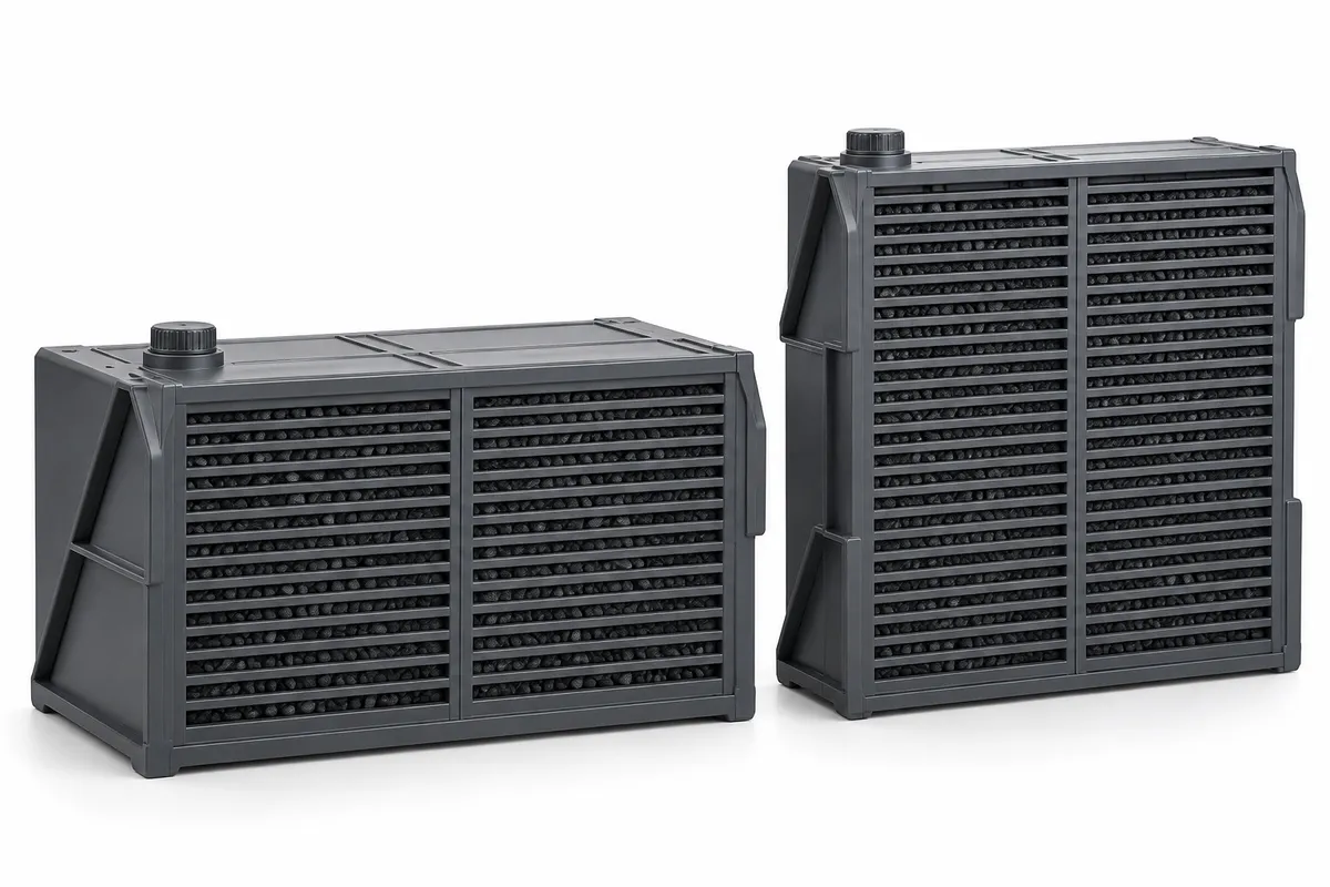 Hai quy cách của mô-đun vật liệu lọc hóa học lắp bên hông: bên trái là BS-CMP-1212 (24×12×12 inch, chiều sâu lớp lọc 76 mm), bên phải là BS-CMP-2418 (24×6×18 inch, chiều sâu lớp lọc 25 mm)